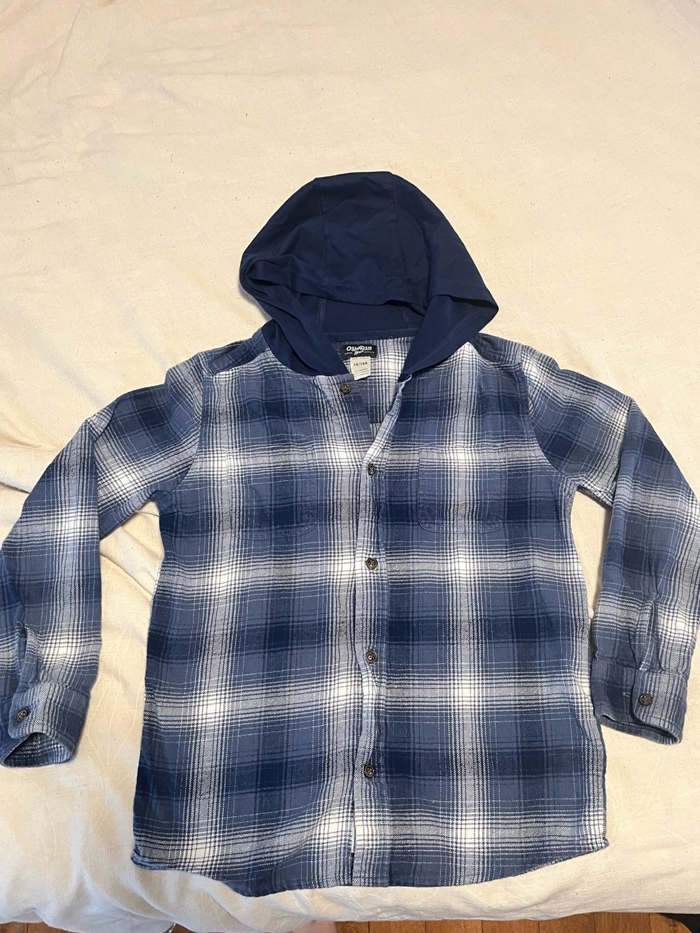 OshKosh B'gosh Navy and White Plaid Hooded Button-Down Shirt
